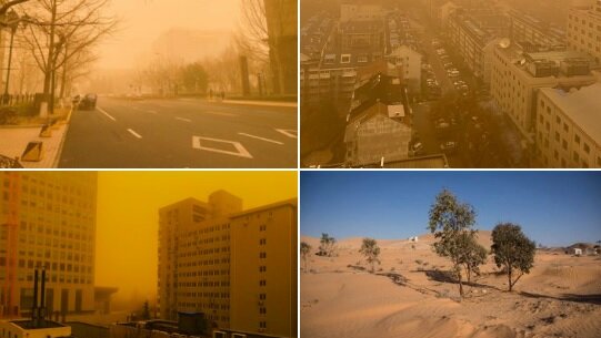 توفان شن در پکن؛ آسمان پایتخت چین نارجی شد / فیلم و عکس