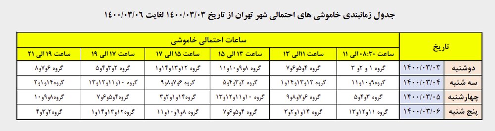زمان‌بندی قطع برق در مناطق مختلف تهران ۵ خرداد ۱۴۰۰