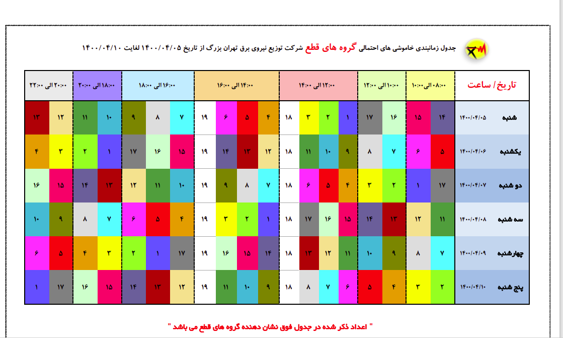جدول زمان‎‌بندی قطعی برق در تهران ۷ تیر ۱۴۰۰