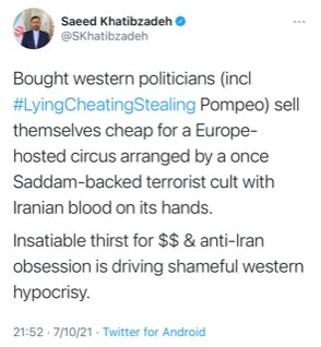 توییت خطیب‌زاده در واکنش به حضور سیاستمداران غربی در نشست گروهک منافقین