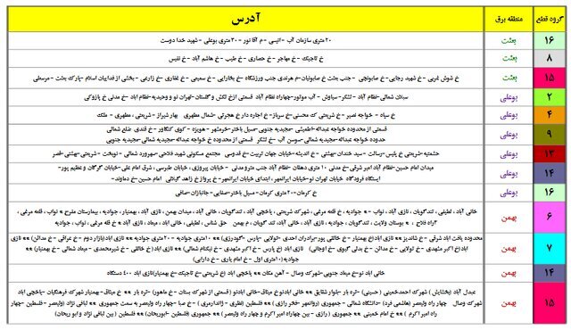 جدول قطعی برق تهران از ۱۶ تا ۲۱ مرداد ۱۴۰۰