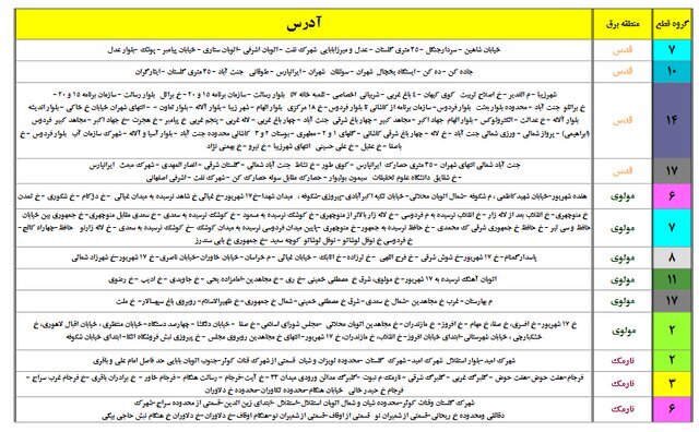 جدول قطعی برق تهران از ۱۶ تا ۲۱ مرداد ۱۴۰۰