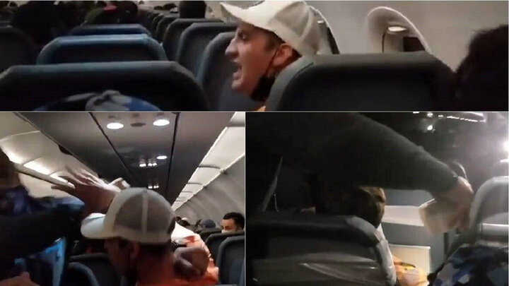 بستن مسافر مست هواپیما به صندلی با چسب / فیلم