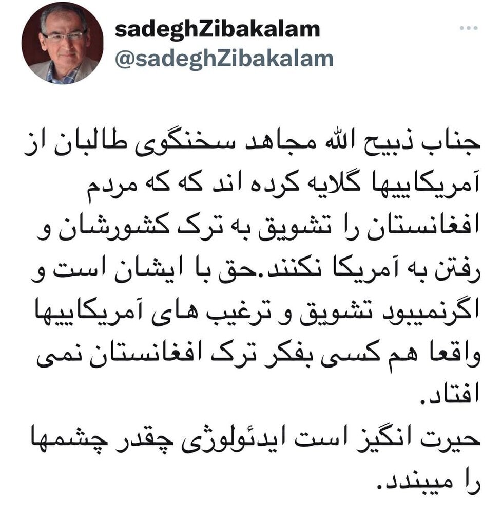 تعجب صادق زیباکلام از ادعای سخنگوی طالبان