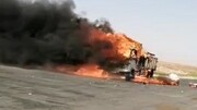 ویدیو وحشتناک از آتش‌گرفتن کامیون در جاده نیشابور به سبزوار / فیلم
