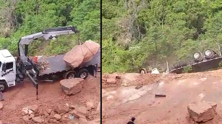 سقوط وحشتناک کامیون به داخل دره هنگام بلند کردن سنگ بزرگ با جرثقیل! / فیلم