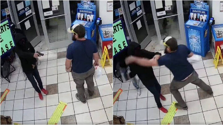 حمله یک عابر به سارقین مسلح در فروشگاه / فیلم