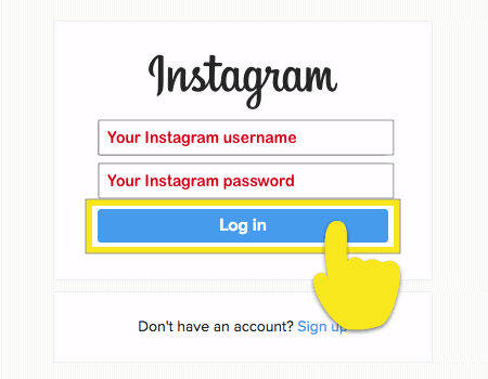 Instagram log-in page with Log in button highlighted.