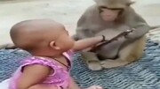 ویدیو خنده‌دار از بازی بچه میمون و کودک خردسال با موبایل
