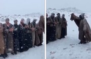 رقص و شادی مردم عربستان از بارش برف در این کشور / فیلم
