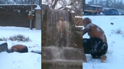 تصاویر باورنکردنی از آب تنی و غلت زدن عجیب پیرمرد شبستری در سرمای زیر صفر در رودخانه یخ زده / فیلم