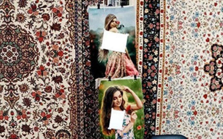 سانسور عجیب و خنده دار چهره زن در نمایشگاه فرشی در شیراز / عکس