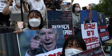 تجمع ضدآمریکایی هنگام ورود بایدن به کره جنوبی / فیلم