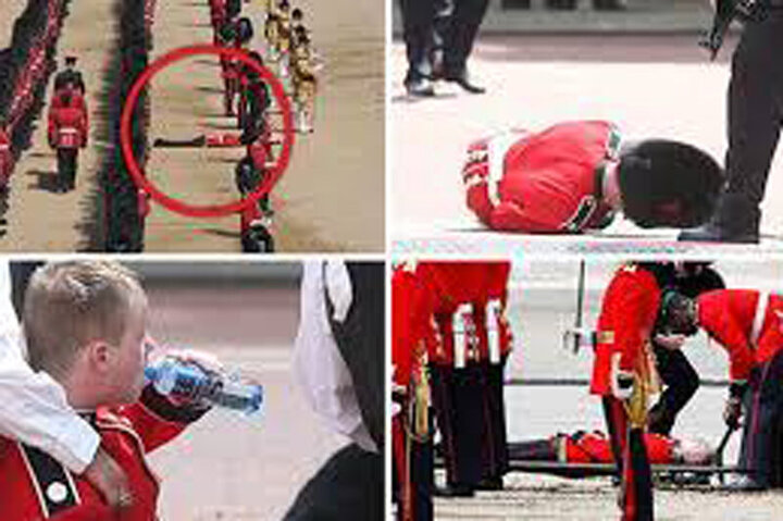 لحظه غش کردن ۵ سرباز انگلیسی در مراسم جشن ۷۰ سالگی سلطنت ملکه / فیلم