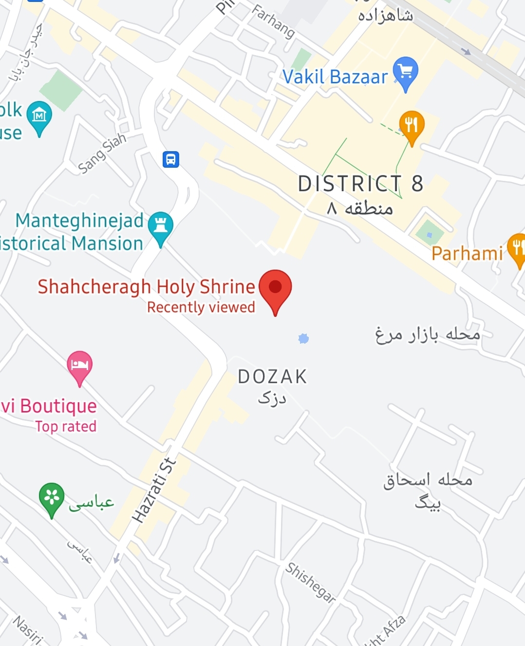 مکان های دیدنی شیراز روی نقشه