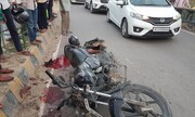 پرتاب موتورسیکلت به زیر خودرو پس از حمله گاو وحشی / فیلم