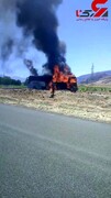 آتش سوزی وحشتناک اتوبوس مسافربری به علت نقص فنی در جاده شیراز - ابرکوه + فیلم
