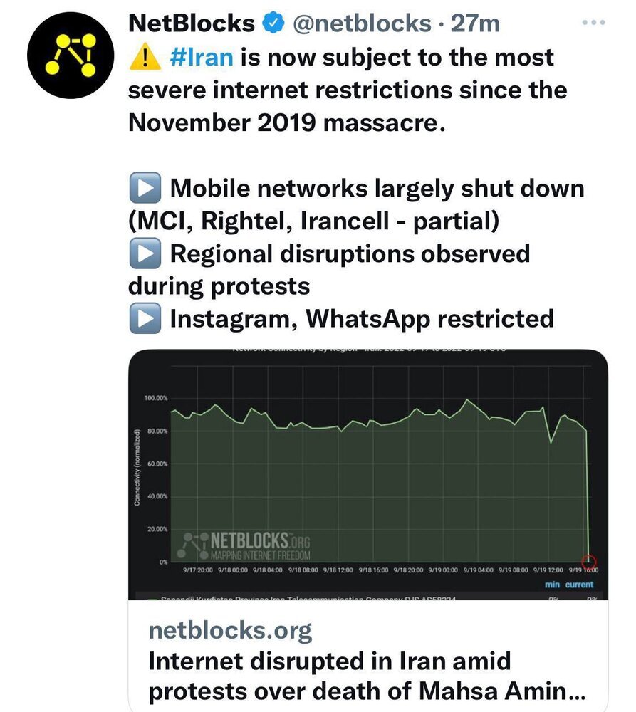 عکس |نت بلاکس: این بزرگترین اختلال اینترنتی ایران از سال 2019 است
