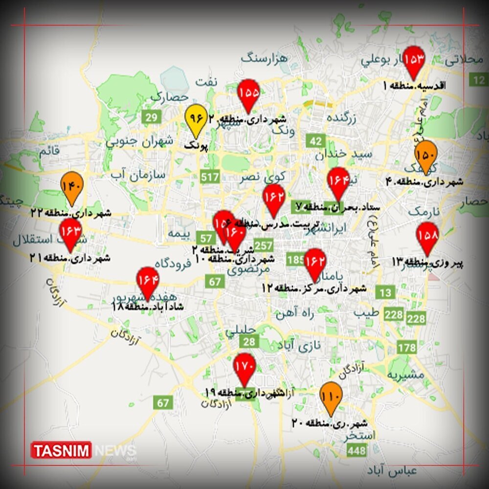 عکس| هوای تهران همچنان در وضعیت قرمز/ بدترین نقطه تهران کجاست؟