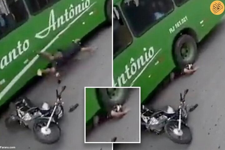 ویدیو دلخراش از لحظه برخورد وحشتناک موتورسوار با سر به چرخ اتوبوس
