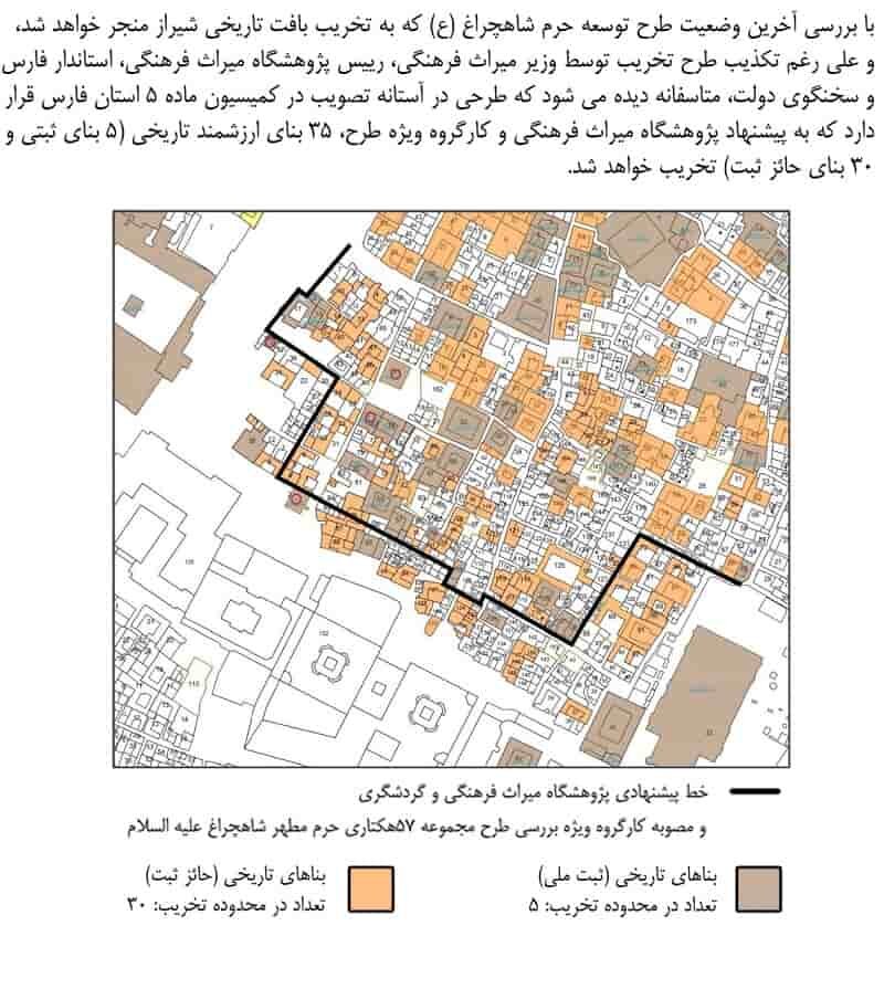 خط پیشنهادی پژوهشگاه میراث فرهنگی و تخریب بافت تاریخی شیراز