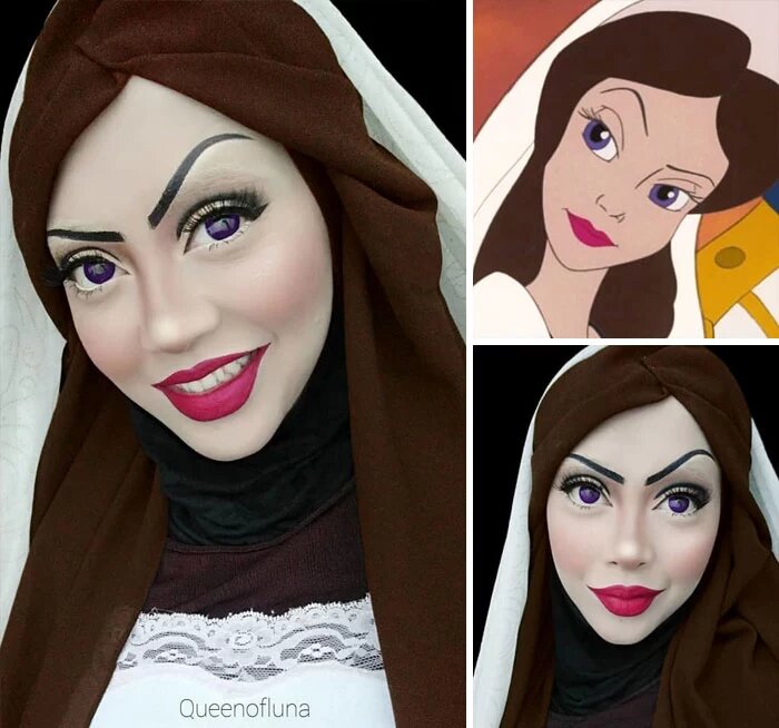 این خانم باحجاب با آرایش خود را شبیه شخصیت های دیزنی می کند