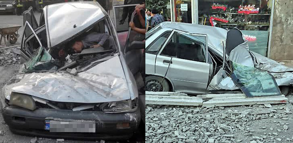 له شدن خودرو پراید در پی سقوط تیرچه‌های بتنی از روی جرثقیل در مشهد + عکس