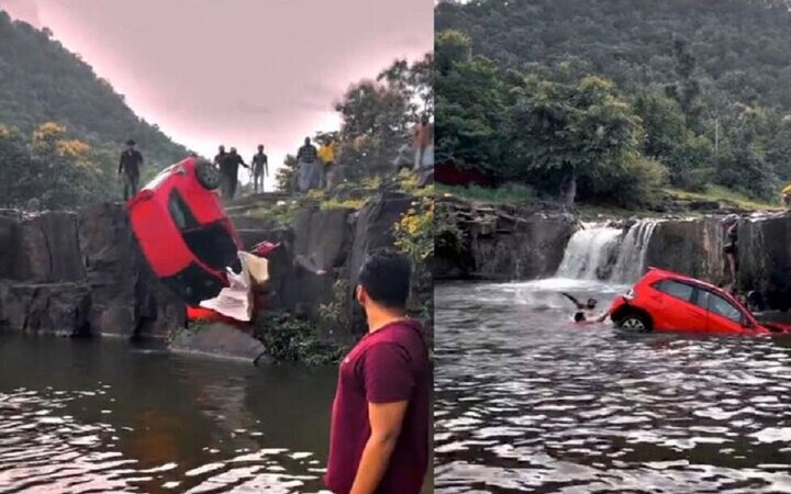 ویدیو وحشتناک از لحظه سقوط خودرو شاسی بلند به داخل رودخانه از ارتفاع
