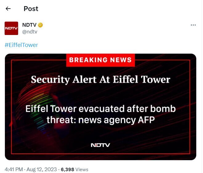 تخلیه برج ایفل به‌دلیل تهدید بمب‌گذاری