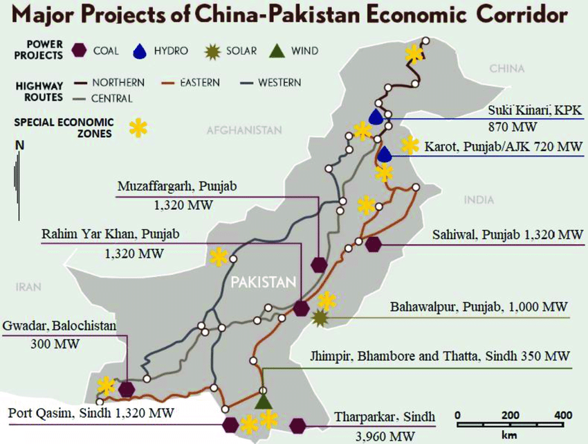 نمایی از کریدور اقتصادی چین و پاکستان  و پروژهای آن