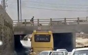 نصف شدن سقف اتوبوس در اثر برخورد به پل کنار گذر پیرنیا در شیراز + فیلم