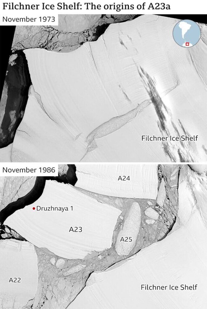 تصاویر تماشایی از بزرگترین کوه یخ جهان که بعد از ۳۰ سال به حرکت درآمده است