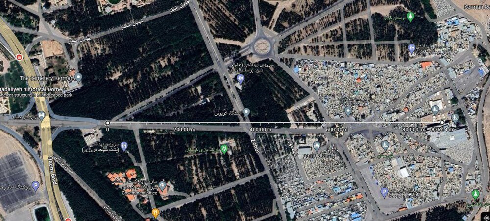 تصاویری هوایی از فاصله مکانی دو انفجار کرمان با مزار شهید سلیمانی