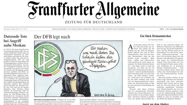 کاریکاتور روزنامه فرانکفورتر آلگماینه؛ برند نوین‌دورف، رییس فدراسیون فوتبال آلمان: «ما به قطر نقل مکان می‌کنیم. شیخ‌ها ارزان‌ترین قرارداد اجاره را پیشنهاد کردند»
