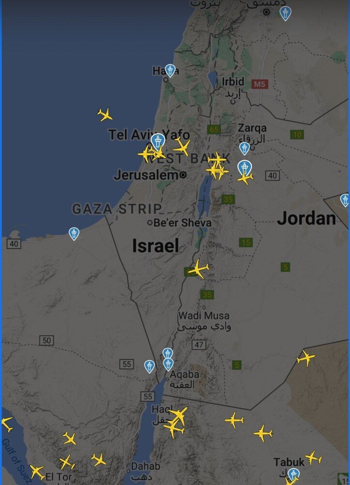 تصویری از وضعیت فعلی آسمان ایران و اسرائیل