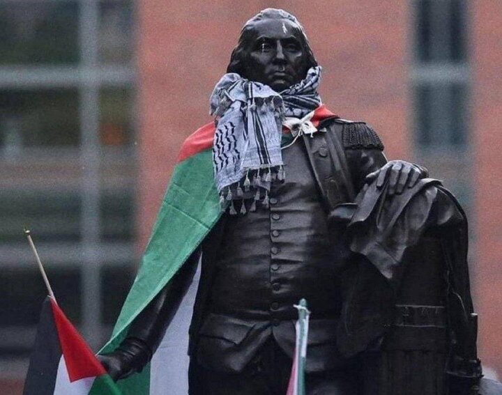 چفیه فلسطین دور گردن جرج واشنگتن + فیلم