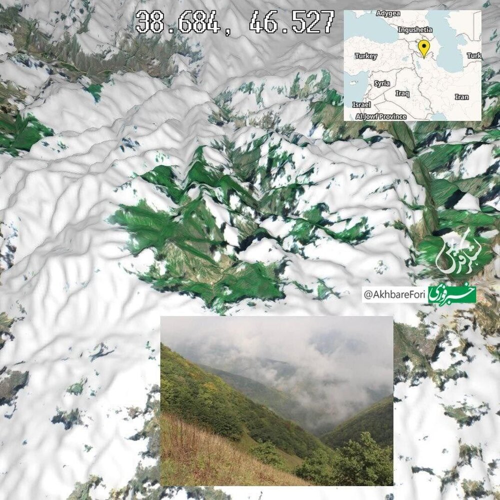 تصویر ماهواره‌ای سه‌بعدی از محل حادثه‌ی بالگرد رئیس جمهور