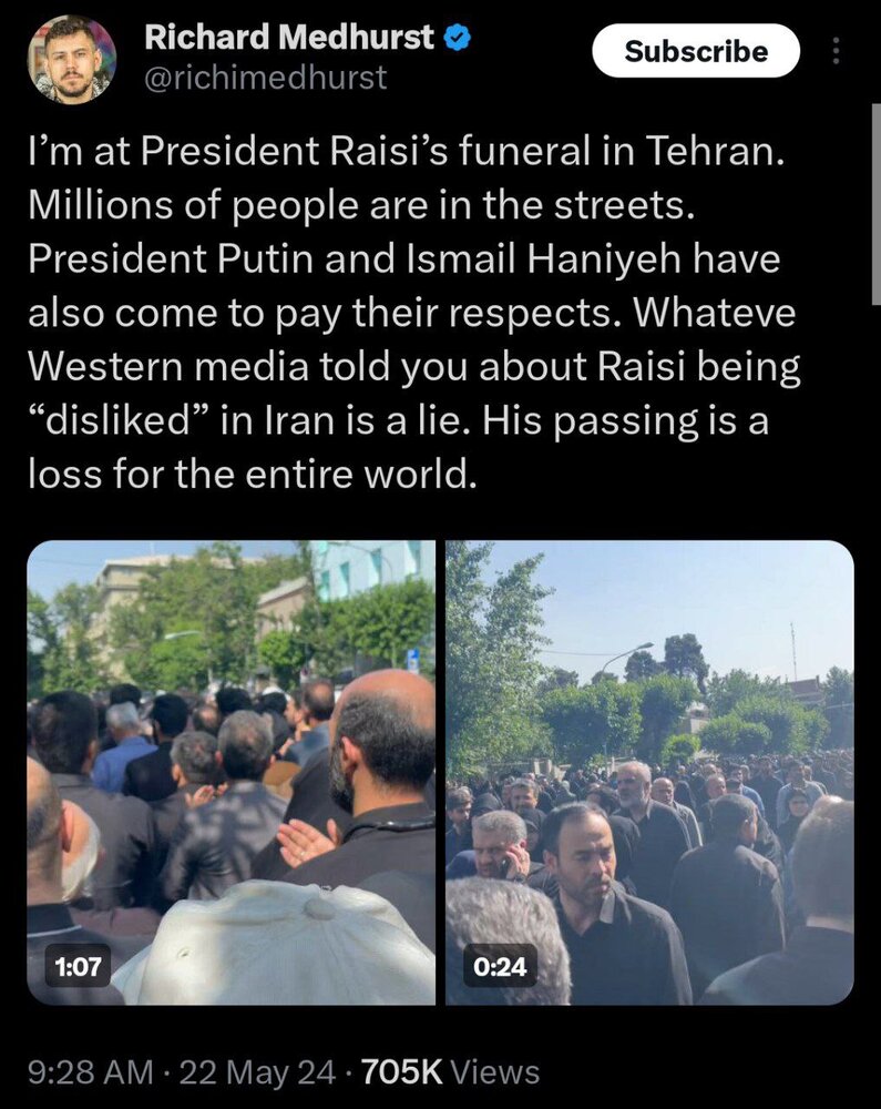 واکنش خبرنگاران و فعالان رسانهای خارجی به تشییع جنازه باشکوه آیتالله رئیسی