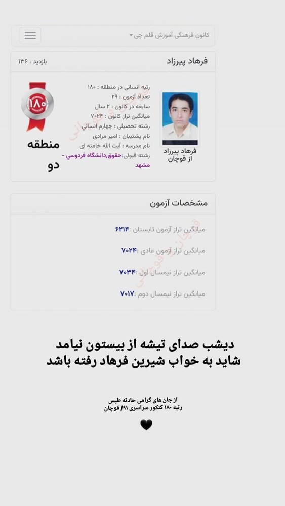 عکس قابل تامل از رتبه کنکور جان‌باخته معدن طبس 