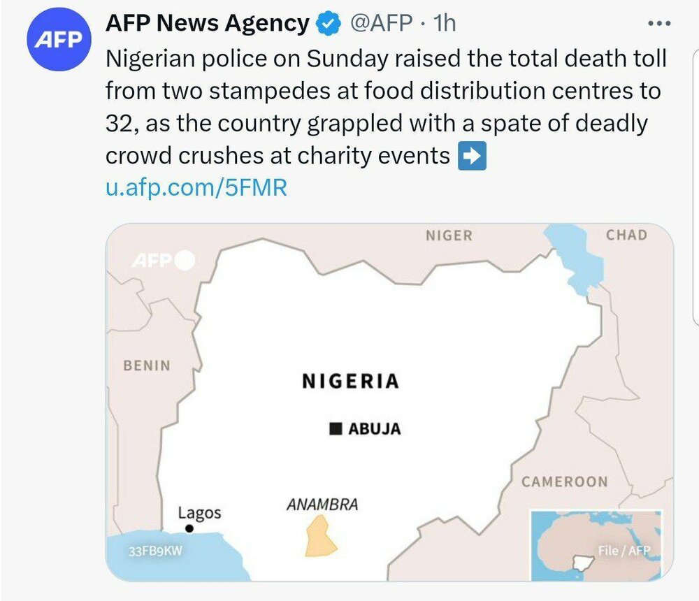 مرگ ۳۲ نفر در نیجریه در صف غذای خیریه