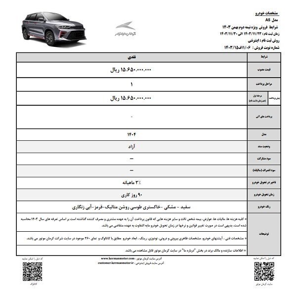 شرایط فروشی ۶ محصول کرمان موتور + قیمت