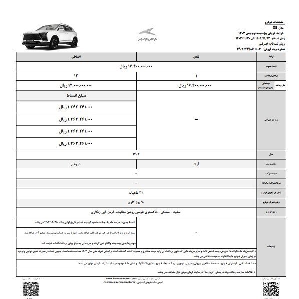 شرایط فروشی ۶ محصول کرمان موتور + قیمت