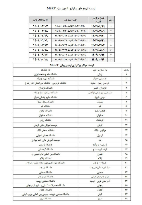 زمان برگزاری آزمون زبان MSRT سال ۱۴۰۴ اعلام شد زمان برگزاری آزمون زبان MSRT سال ۱۴۰۴ اعلام شد