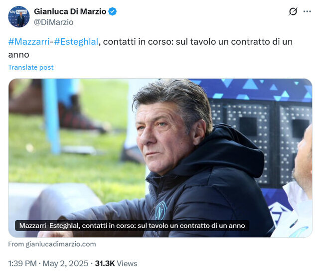 ادعای خبرنگار ایتالیایی: قرارداد یکساله ماتزاری با استقلال امضا شد